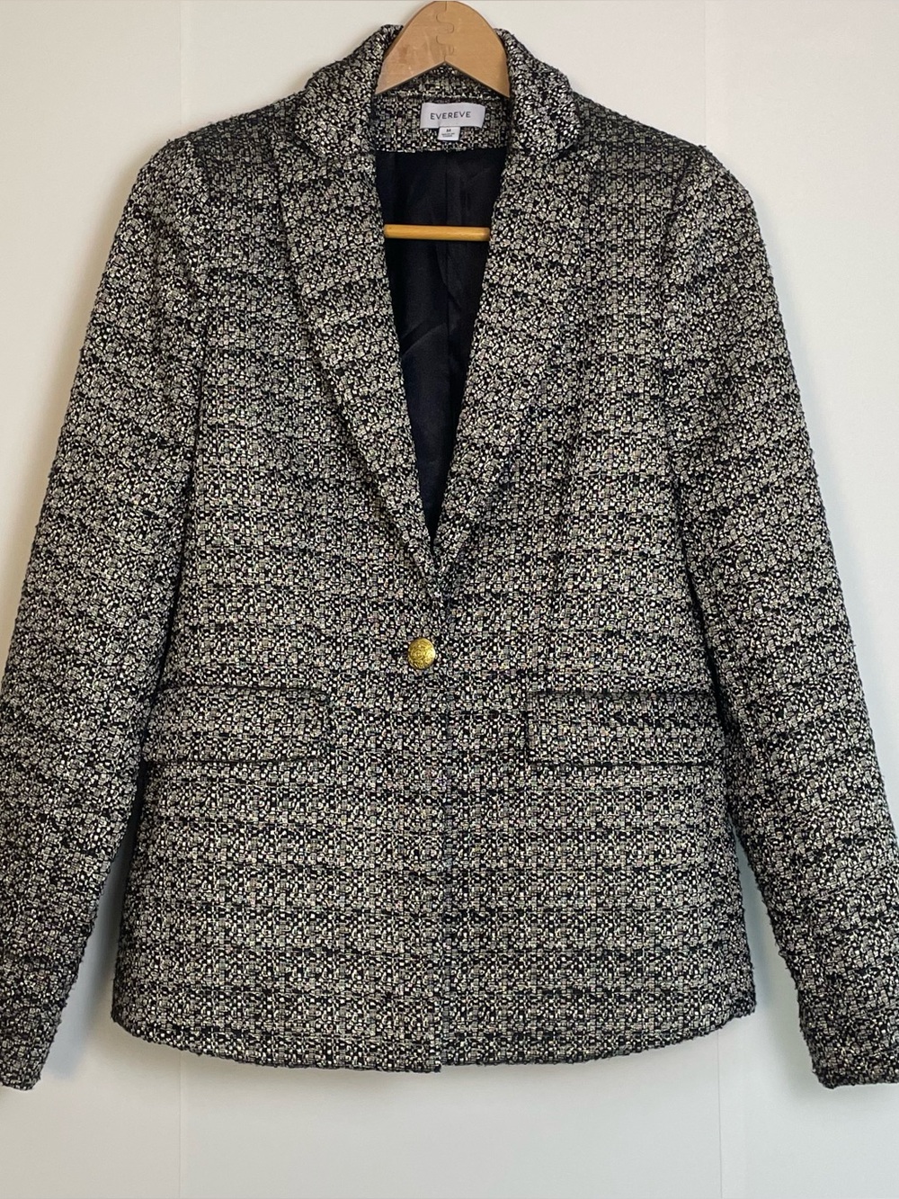EVEREVE Marlene Boucle Tweed Blazer Jacket Gold Button Black White Gold - Medium